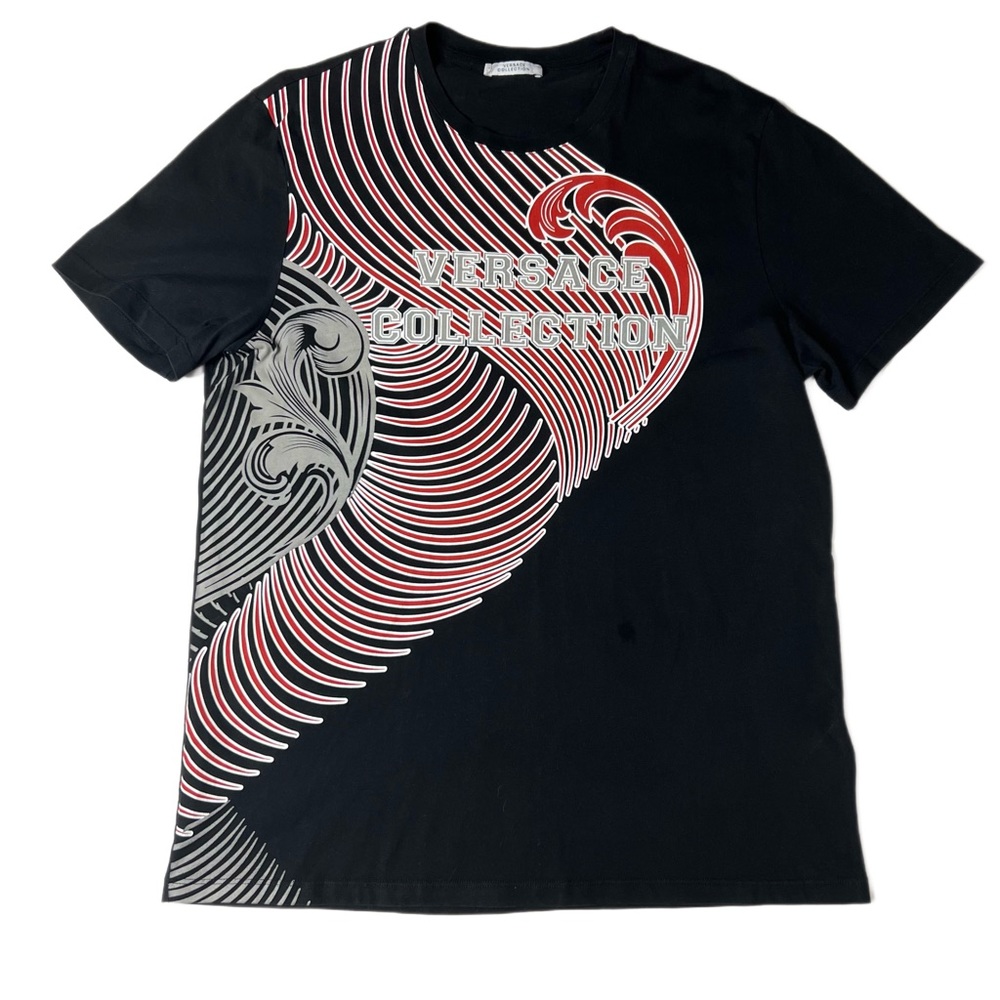 Versace Collection Black Waved Short Sleeve Cotton T-shirt | European XL | US M
